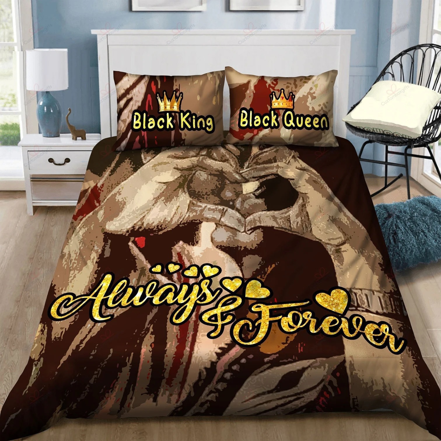 Black Couple Bedding Set Black King Black Queen Always & Forever