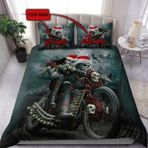 Custom Name Biker Couple Skull Bedding Set Gifts For Christmas
