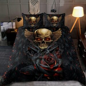 Flower And Winged Skull Bedding Set