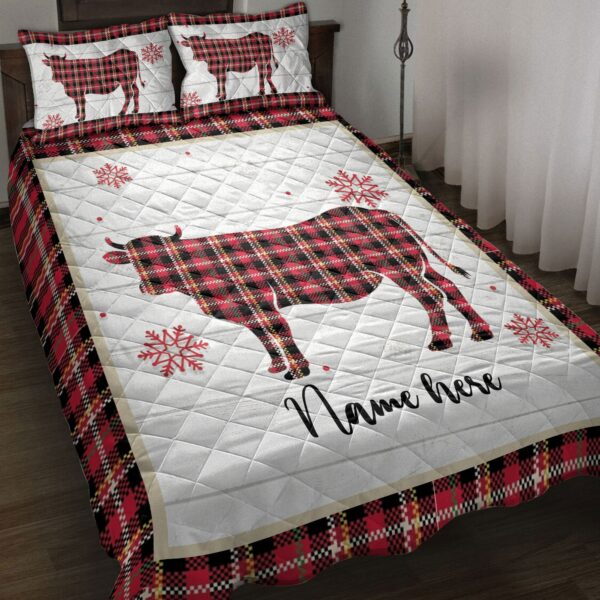 Personalized Cow Quilt Set Christmas Cow Snowflake Red Plaid
