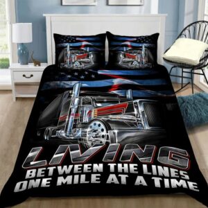 Trucker Bedding Set Living Between The Lines One Mile At A Time Blue