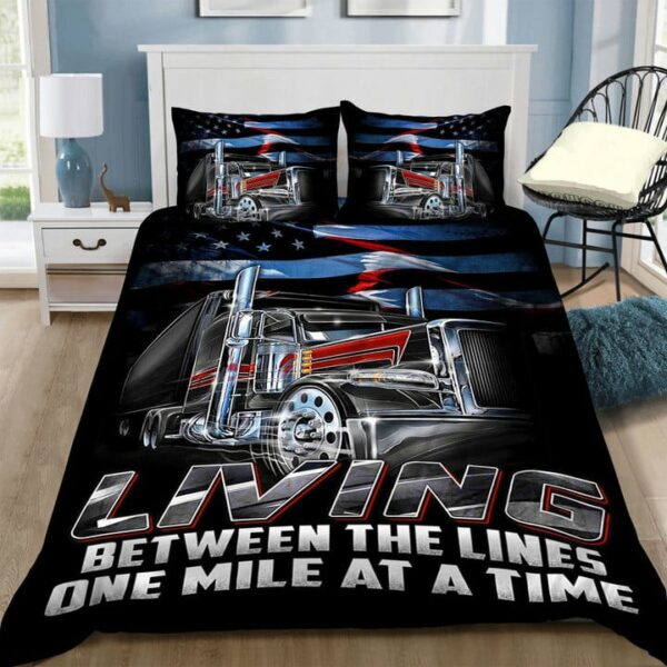 Trucker Bedding Set Living Between The Lines One Mile At A Time Blue